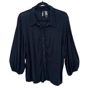 Bisou Bisou Womens Black Button-Down Blouse 3/4 Balloon Sleeve Ruched Front 1X